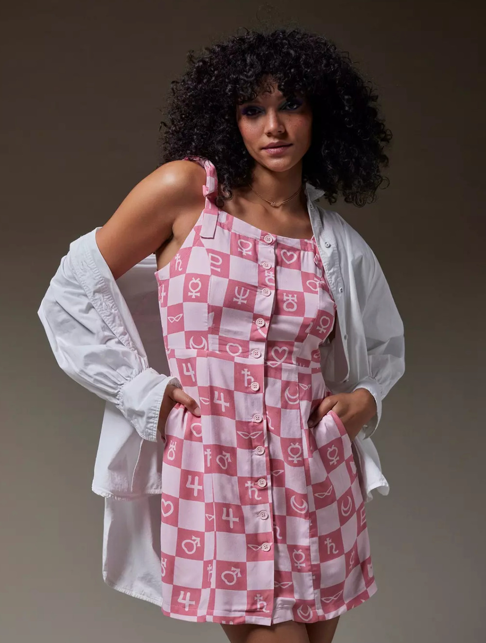 Sailor Moon Womens Pink Checker Shift Dress Sleeveless Button Front Size MD NWT